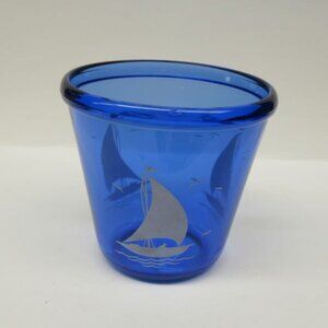 Hazel Atlas Cobalt Blue Sailboat or Ships 4 Inch High Ice Pail or Ice Tub